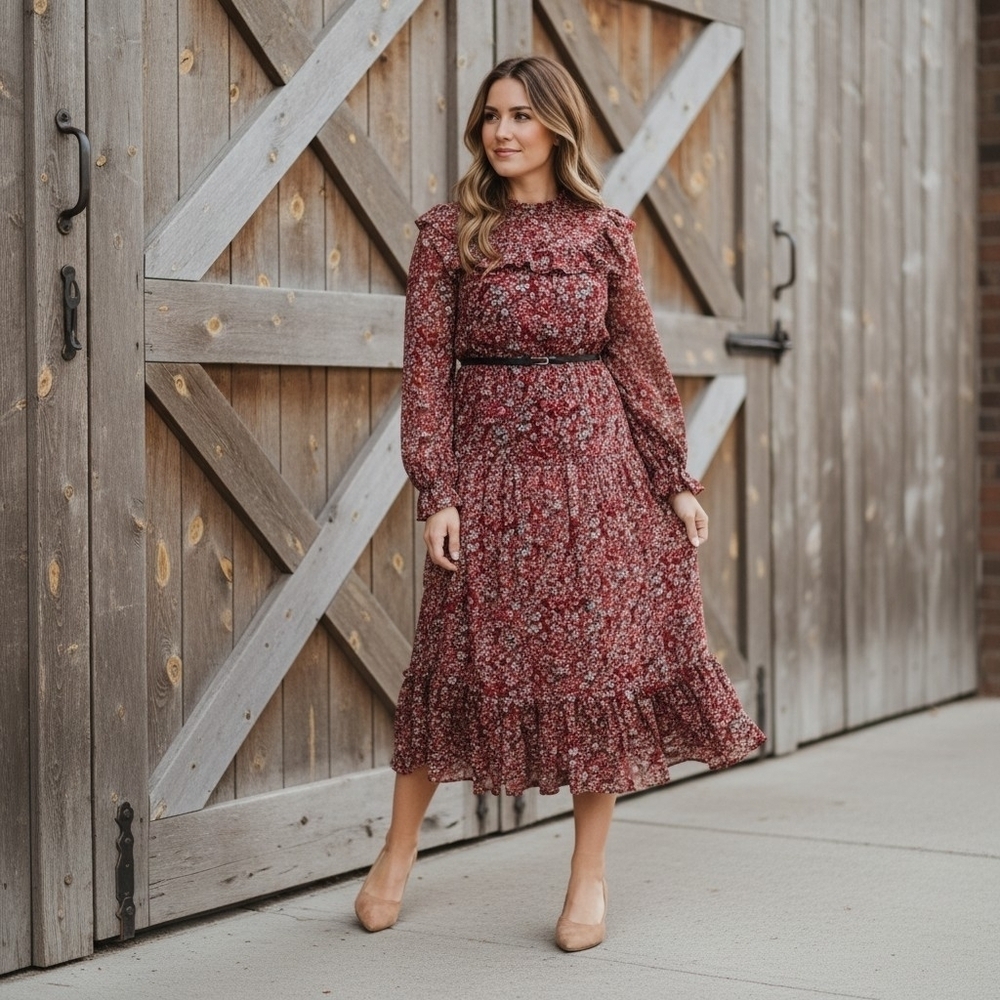 Anthropologie Haden Cottagecore Maxi Prairie Dress With Ruffle Neckline